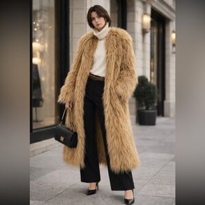 NWT Zara  Limited Edition Faux Fur Long Coat in Camel Brown Size S